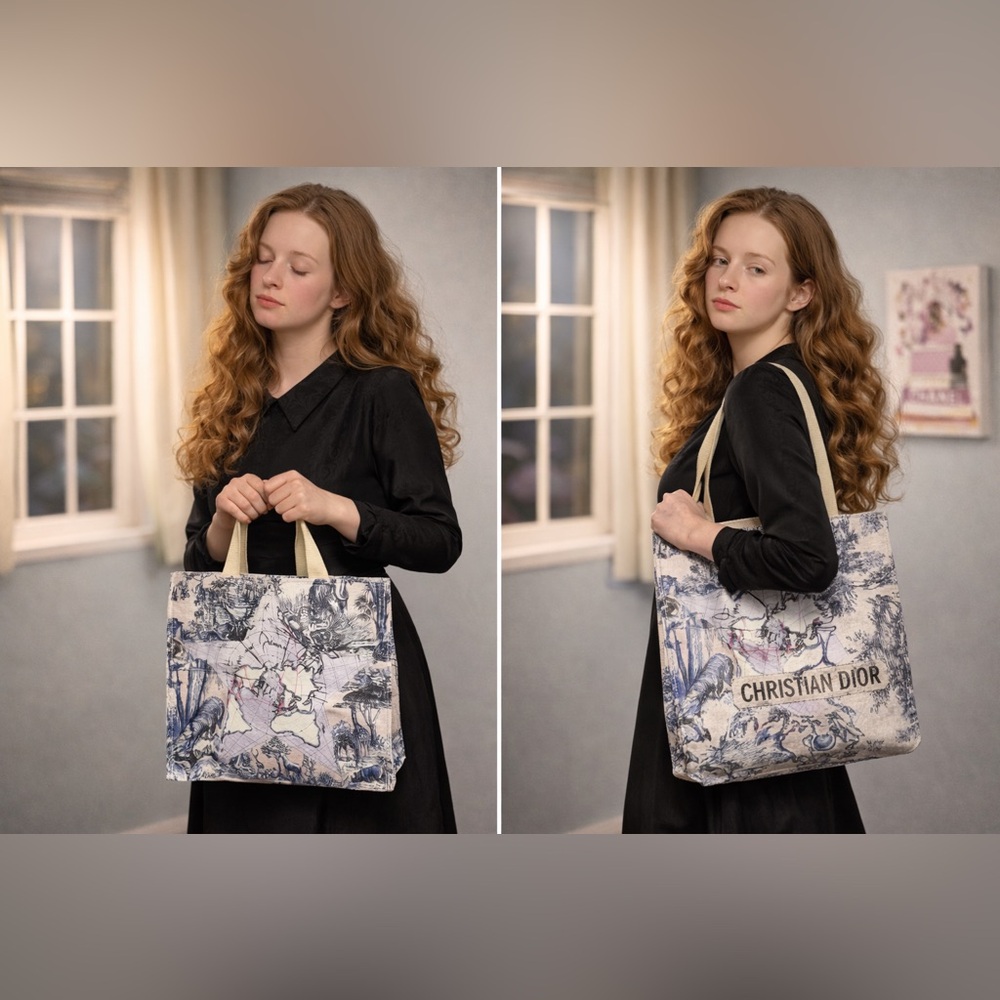 Authentic Dior Beauty Around the World Paper Straw Tote Large 16.5” Blue